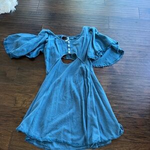 Free People Blue Mini Dress with Button Detail